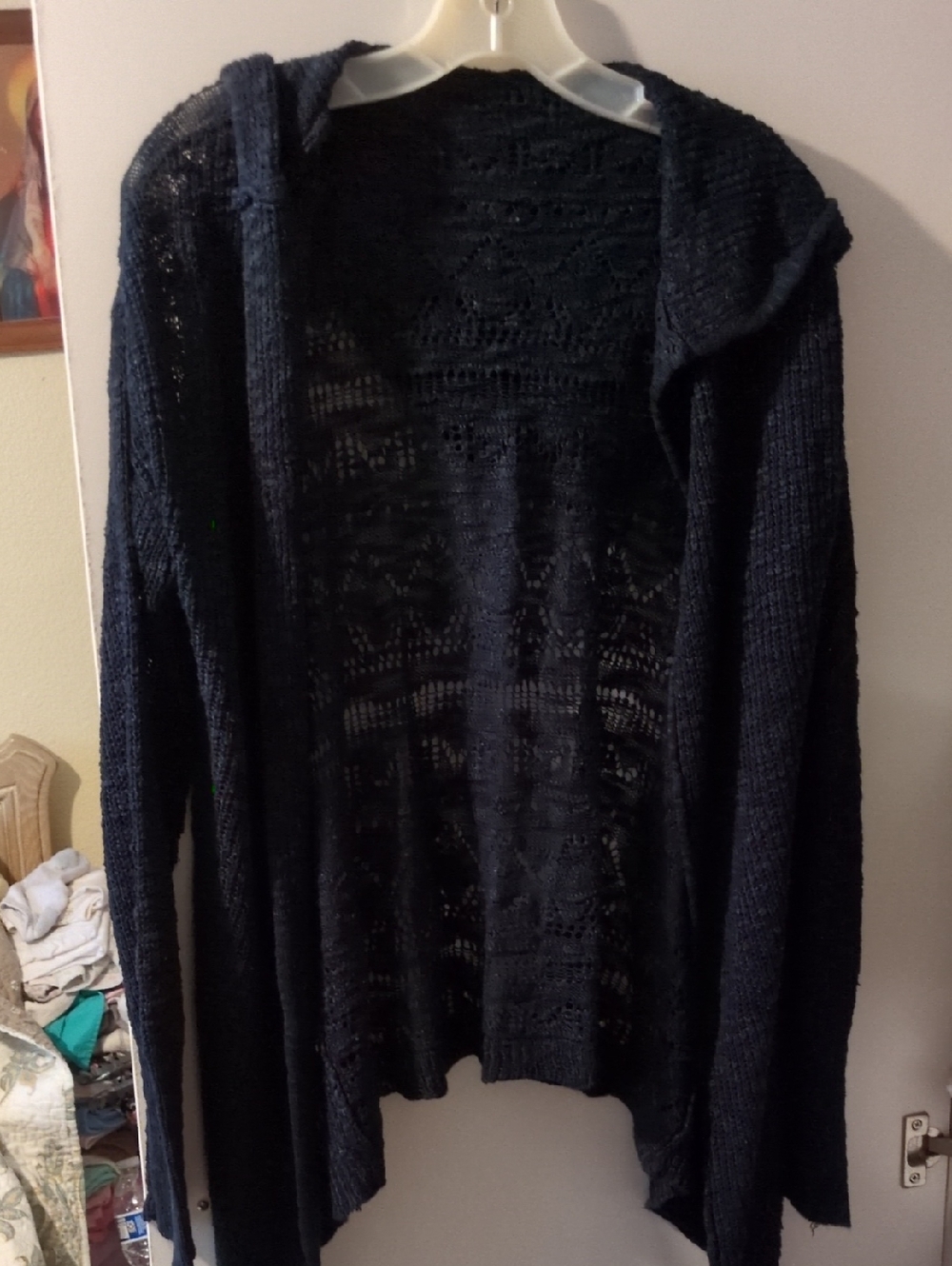 No Boundaries Navy Open-Front Hooded Knit Cardigan